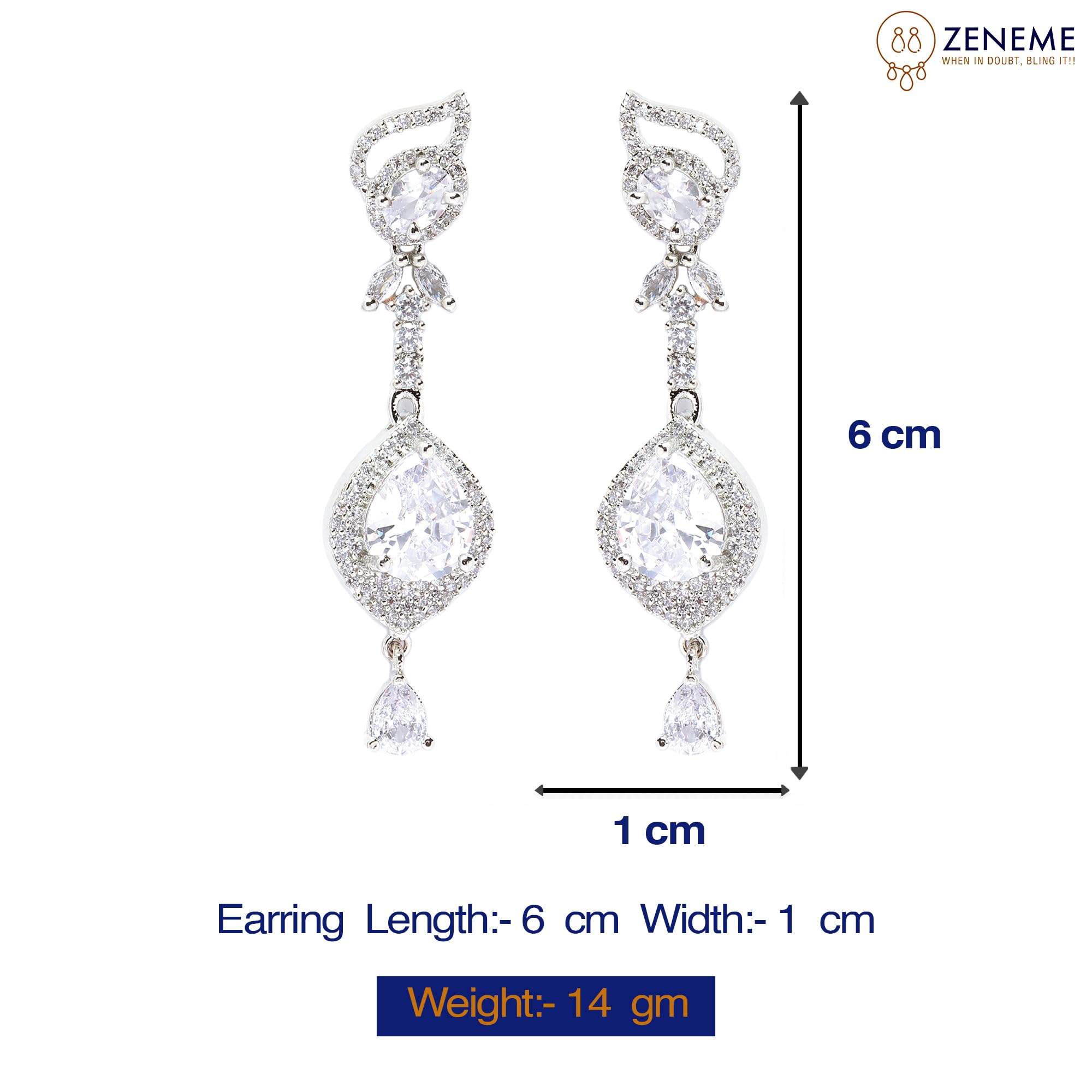 Rhodium-Plated American Diamond Teardrop Drop Earrings